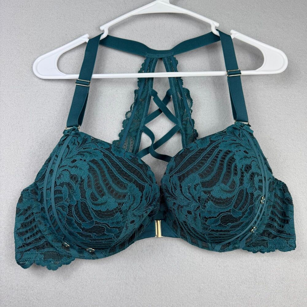 Cacique Boost Plunge Bra 42C Teal Green Lace Racerback Strappy Underwire